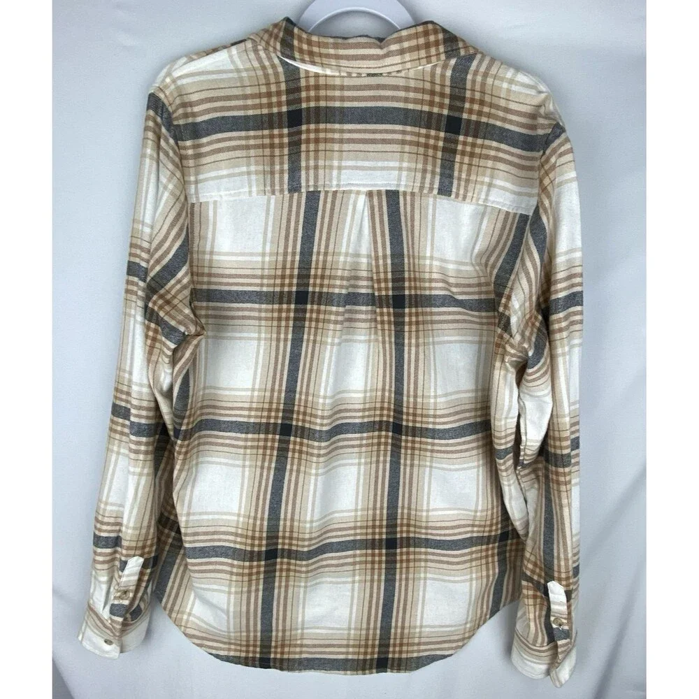 Old Navy Shirt Women LT Cream‎ Plaid Flannel Button Up Classic Fit 100% Cotton